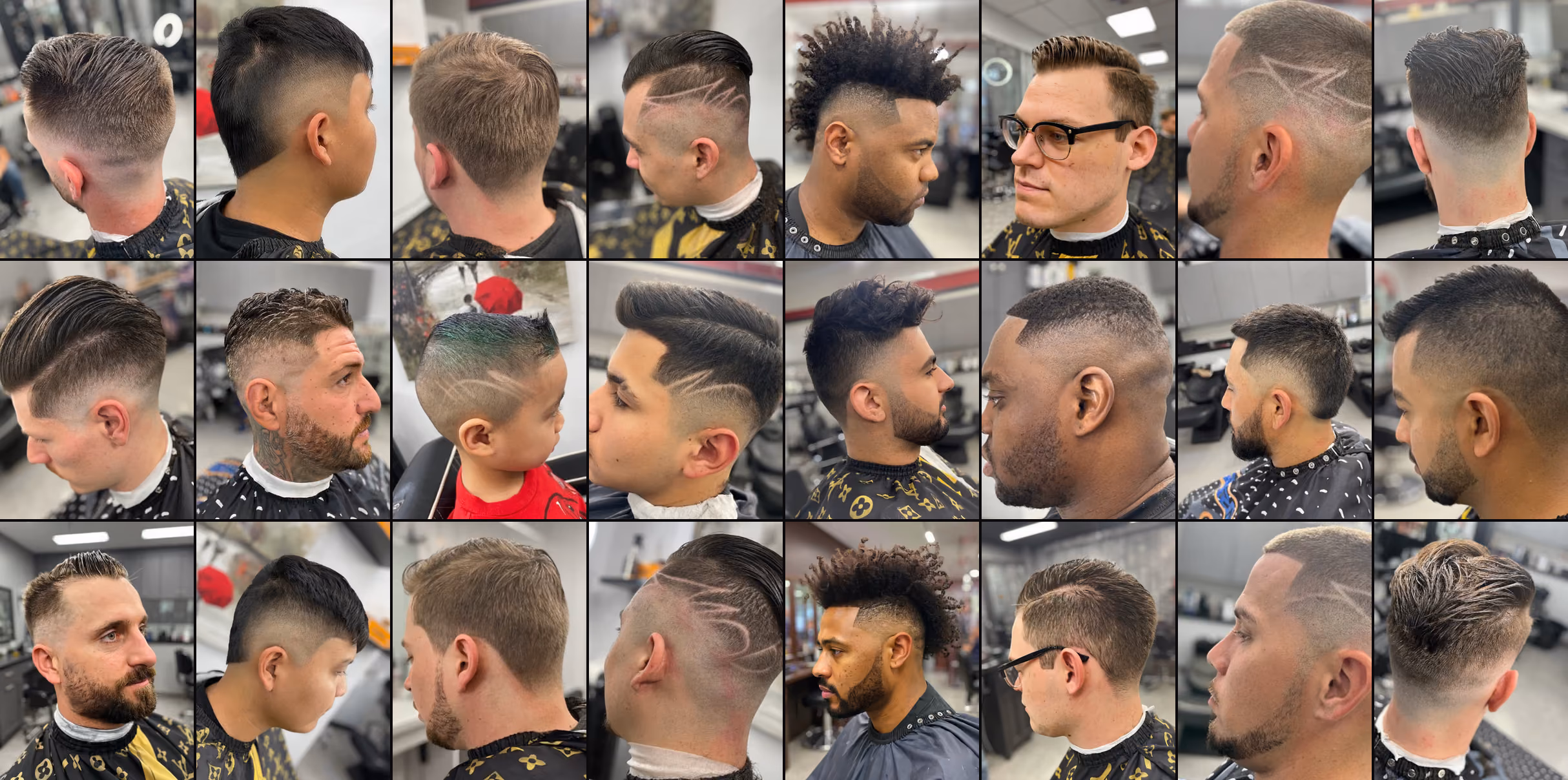 Kings K Barbershop haircuts mosaic showcase featuring fades, tapers, beard trims, and boys cuts