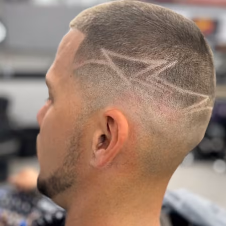 Buzz Cut Skin Fade & Lightning Bolt Design - Angle A