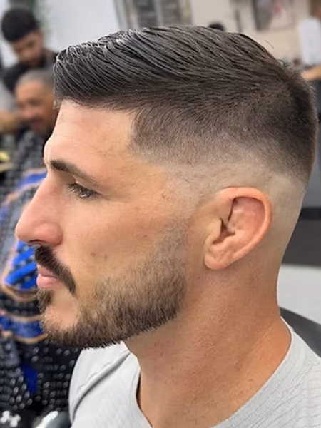 Mid Skin Fade Comb Over & Tailored Beard - Angle A