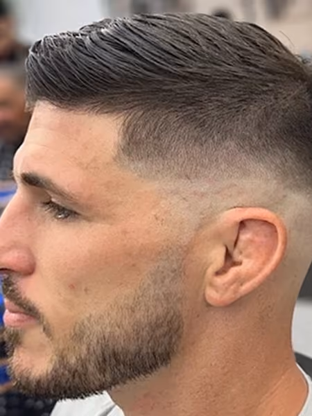 Mid Skin Fade Comb Over & Tailored Beard - Angle B